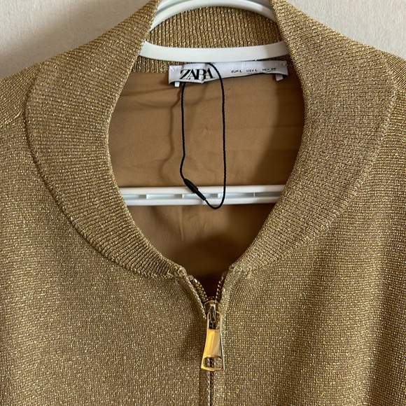 Zara Knit Bomber Cardigan with Gold Metallic Thread. Size Large. - Picture 2 of 5